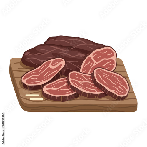 Sliced raw meat on a wooden cutting board
