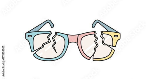 Broken colorful eyeglasses with cracked lenses.
