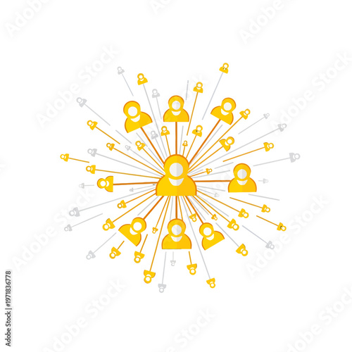 Abstract network of people connections radiating from a central figure