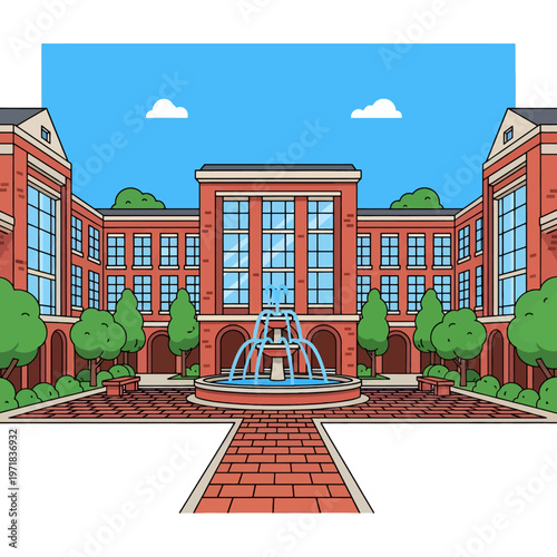 A grand building with a fountain in the courtyard