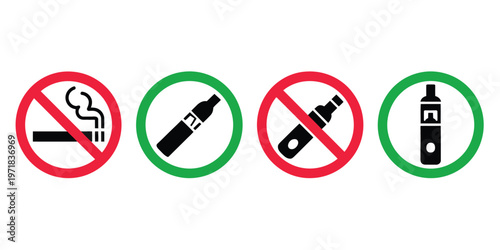 Smoking vaping signs icon no smoking allowed symbols cigarette electronic cigarette prohibition permission vector illustration