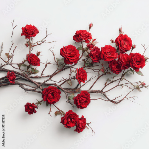 Red roses with thorny branches create vibrant floral display