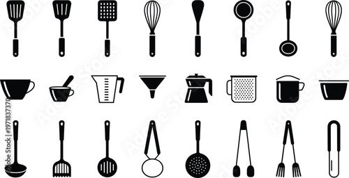 Assortment of black and white kitchen utensil icons on a white background spatula whisk