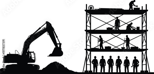 Construction site silhouette with excavator digging soil and workers on scaffolding structure, industrial building project, engineering development, heavy machinery and laborers.