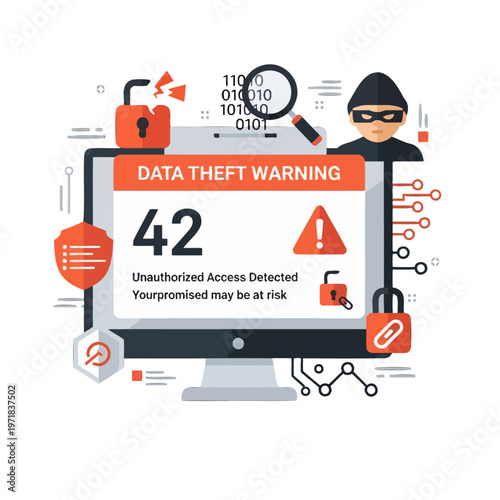 Computer screen displays data theft warning with security icons