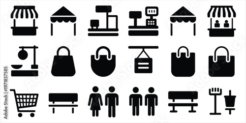 Black Icons of Market Stalls Shopping Amenities and Public Facilities kiosk awning