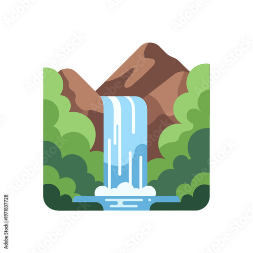 A scenic waterfall cascades down a mountain surrounded by lush greenery