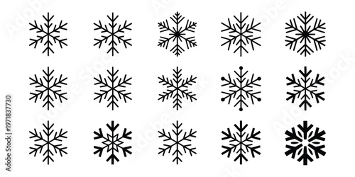 Snowflake icon set silhouette winter symbol cold weather decorative minimal vector illustration