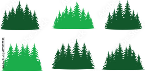 Pine forest silhouette vector set with evergreen trees, green woodland landscape collection, natural conifer shapes isolated on light background