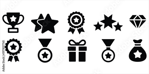 Black silhouette icons for awards achievements and gifts on white background Keywords: trophy, cup, star, award, ribbon, rosette
