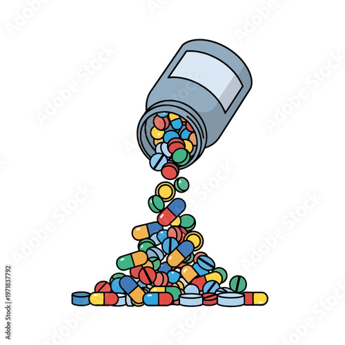 A container spills out a colorful assortment of pills and capsules