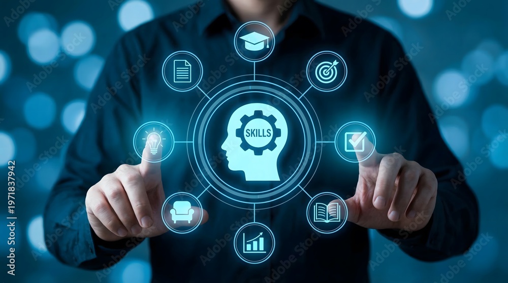 Naklejka premium Professional hand activates glowing digital interface showing skills brain network for education and career growth