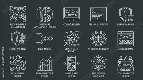 Collection of line icons representing various aspects of programming, software development, coding, and technology concepts on a dark background.