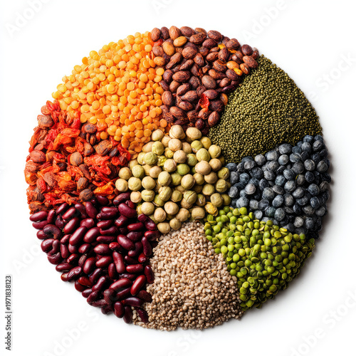 Assorted colorful legumes arranged in circular pattern on white