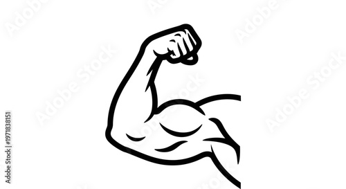 Illustration of a muscular arm flexing its biceps, depicted in a minimalist black-and-white design with clean lines, isolated against a plain white background, showcasing strength
