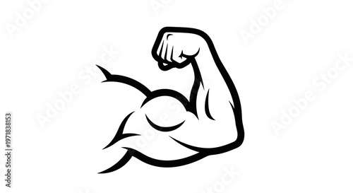 Stylized illustration of muscular biceps flexing against a clean white background, presented in a bold black and white vector design with strong lines and a focus on the arm's strength