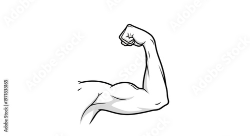 Monochrome line drawing showcases a muscular arm flexing its biceps against a stark white background, emphasizing strength and fitness through clean, minimalist design in a vector