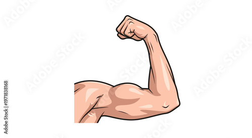A cartoon illustration shows a flexing arm emphasizing the biceps, drawn in a comic book style with bold outlines and shading, set against a clean white background to accentuate