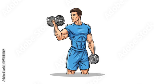 A fit man with prominent biceps is lifting dumbbells in a stylized illustration, wearing blue sportswear against a clean white background, showcasing strength and fitness with dynamic line