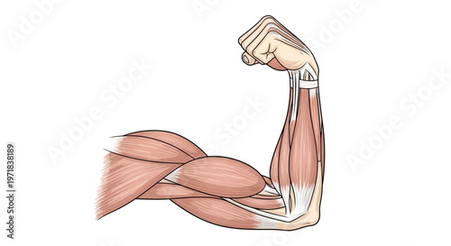 Illustrated close-up of muscular biceps flexing against a clean white background, showcasing anatomical detail with visible tendons and muscle fibers rendered in a flat, graphic style
