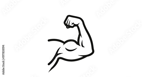 A stylized line drawing depicts a strong arm with prominent biceps flexing against a plain white background, showcasing power and fitness in a simple, monochrome visual style that is bold