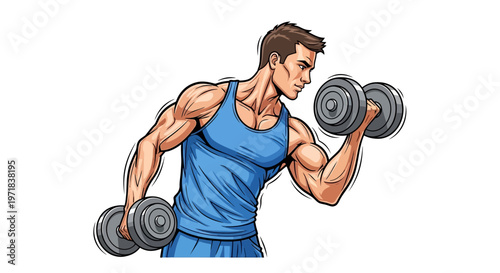 Illustration of a muscular man with prominent biceps lifting dumbbells in a blue tank top against a clean white background, showcasing a strong physique and determination in a dynamic