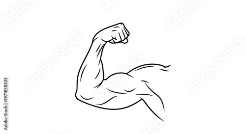 A line drawing depicts a muscular arm flexing its biceps against a stark white background, rendered in a minimalist style that emphasizes the anatomical form and strength, evoking a clean