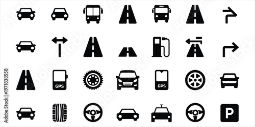 Collection of black transportation and road sign icons on white background highway traffic