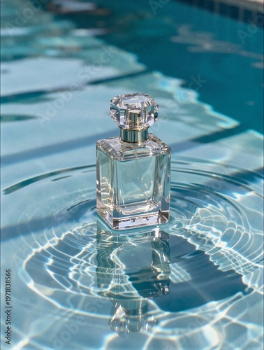 A clear glass perfume bottle rests on the surface of blue swimming pool water creating gentle concentric ripples in the bright summer sun.