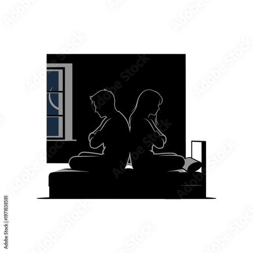 Couple sitting back to back in bed with arms crossed at night
