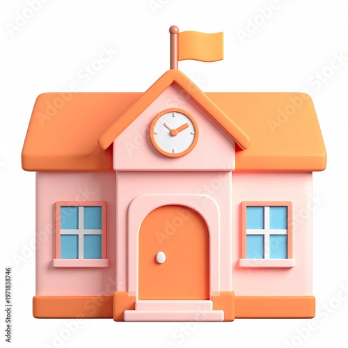Charming 3D schoolhouse with a clock a flag and a cheerful orange roof in a playful cartoon style against a clean backdrop