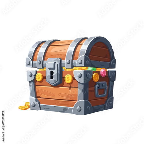 Wooden treasure chest overflowing with gold coins and gemstones