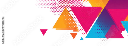 鮮やかな色合いの三角形とドットのハーフトーンパターンを組み合わせた、白背景のモダンでダイナミックな抽象幾何学デザインの背景素材。プレゼンテーションやウェブデザイン、バナー広告に最適な、明るくエネルギッシュな印象を与えるグラフィック素材です。
