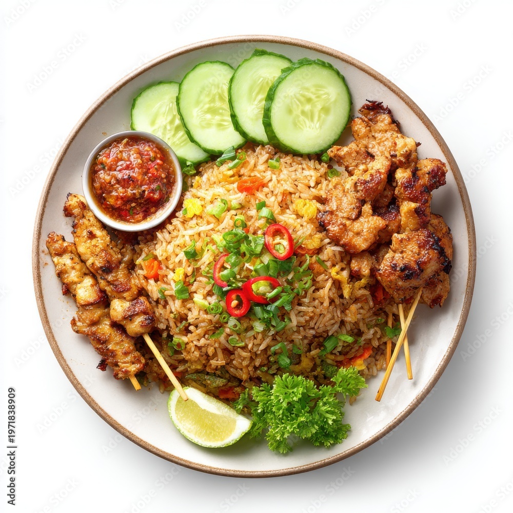 Fototapeta premium Nasi goreng ayam Indonesia food plate with fried rice isolated on a white background