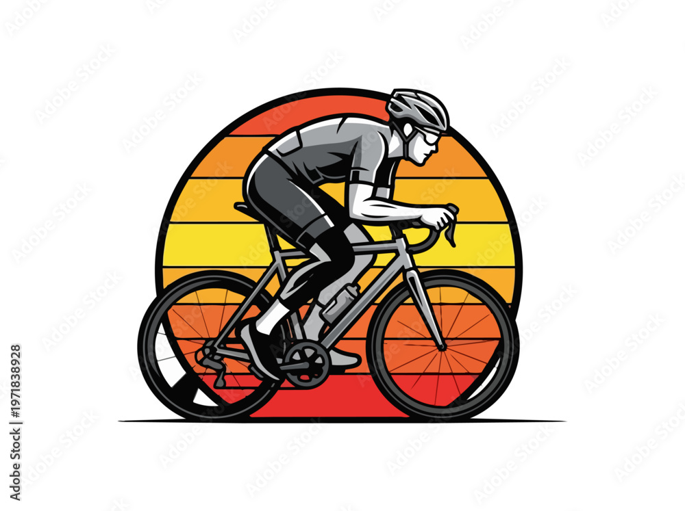 Naklejka premium Cyclist riding bicycle against sunset illustration