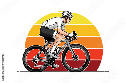 Cyclist riding bicycle against sunset illustration