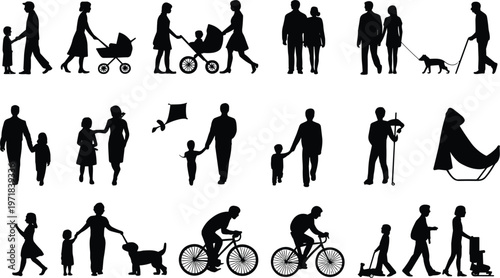 Silhouettes of people families and activities on a white background Keywords: family, people, silhouette, walking, parent, child
