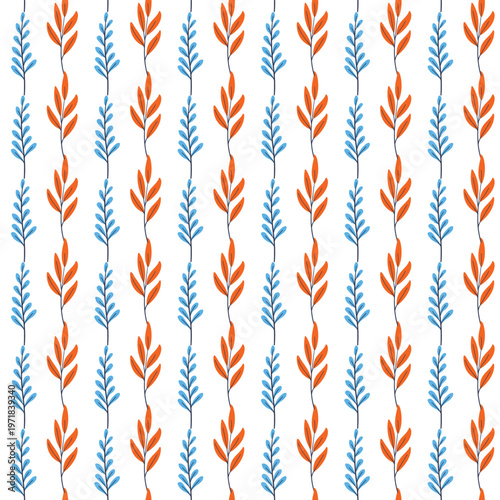 Seamless Vertical Leaf Pattern With Orange And Blue Hand-Drawn Botanical Stems For Textiles