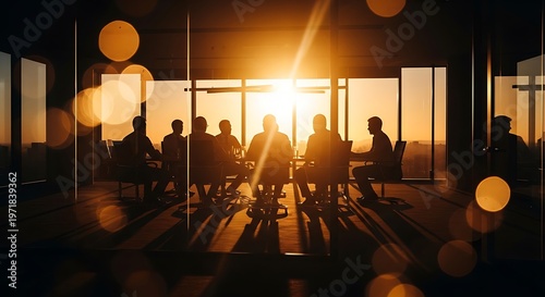 Silhouetted business colleagues having a strategic meeting in a dark luxury corporate boardroom during golden hour sunset with orange bokeh flares