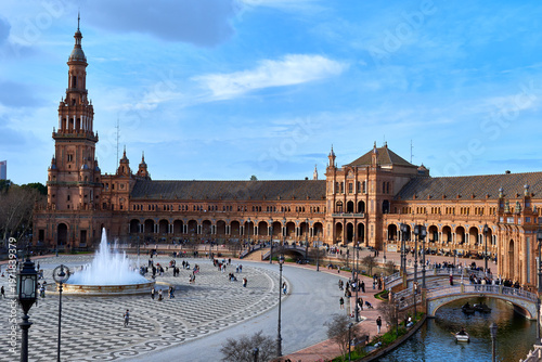 Panoramic view of Plaza de España, Seville, Spain