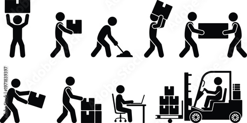 Stick Figure Icons Of People Working With Boxes And Forklift person