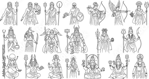 Ancient Mythology Gods and Deities Line Art Illustration Set with Greek, Norse, Egyptian, and Hindu Mythological Characters for Cultural History, Religion, and Educational Vector Projects