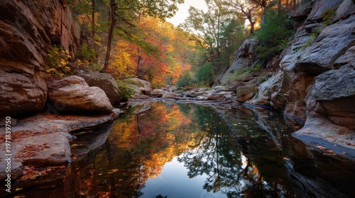 Zion national park river reflecting autumn canyon walls