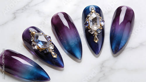 Purple Blue Ombre Stiletto Nails Gemstone Jewels