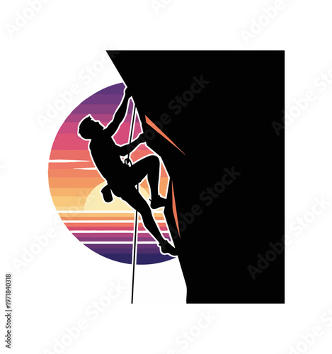 Silhouette of a rock climber ascending a cliff with sunset background