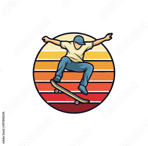 Skateboarder performing aerial trick over sunset circle vector illustration