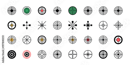 Target flat icons colored aim sniper shooting symbols goal precision different styles vector illustration