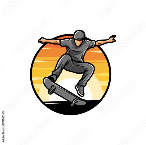Skateboarder performing jump silhouette against sunset sky illustration