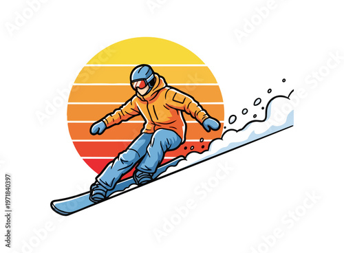 Snowboarder descending slope against sunset vector illustration