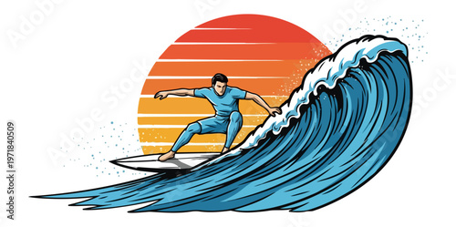 Surfer riding wave sunset illustration sport recreation